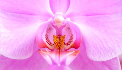 Close up of a delicate pink orchid flower showing intricate details of its petals and center with soft lighting