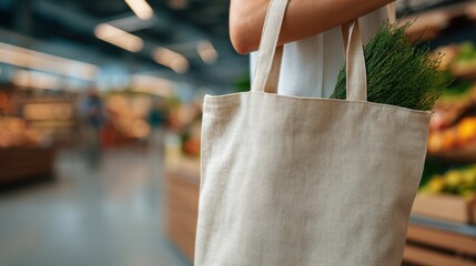 Woman carrying reusable canvas bag with groceries at grocery store. Eco friendly shopping concept for zero waste lifestyle.