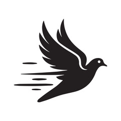 Black silhouette of a dove in flight with motion lines bird flying