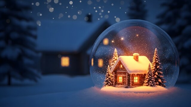 Enchanting miniature snow globe featuring a warmly lit wooden cabin nestled among pine trees under a magical, falling snow night sky - Powered by Adobe