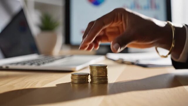 A dark-skinned hand reaches for a stack of coins on a wooden desk, with a laptop and financial graphs displayed on a screen in the background.