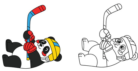 ute cartoon panda playing ice hockey lying on back vector illustration with black and white outline for coloring book page © AbuNazam
