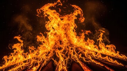 Intense bonfire flames at night with glowing embers