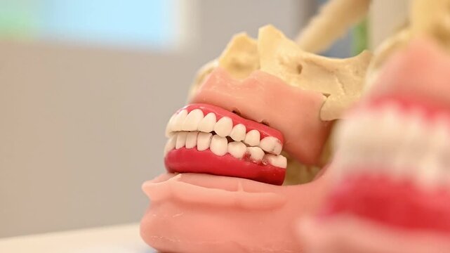 A close-up of a dental jaw model showing the teeth and gums in detail