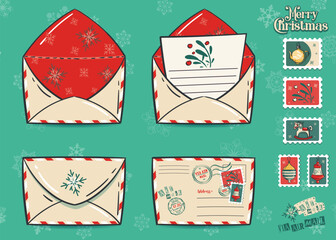 Vintage Christmas Envelopes and Stamps Set