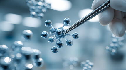 Molecular Precision: A close-up view of a scientist meticulously handles a complex molecular structure with precision instruments, highlighting the meticulous nature of scientific research.