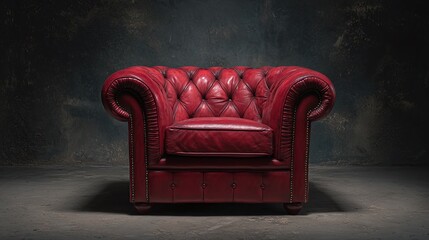 Opulent red leather armchair, showcasing its luxurious tufted design and inviting comfort in a dark room. A statement piece evoking sophistication and warmth.