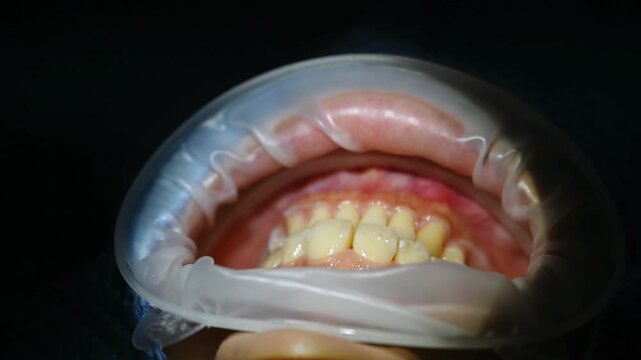 A close-up shot of the doctor using the laser handpiece to treat the patient&rsquo;s upper teeth while the OptraGate keeps the lips open