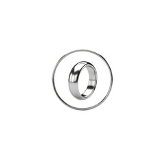 Polished silver metallic ring within a circular frame, letter o