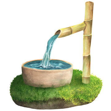 watercolor bamboo fountain with flowing water clip art preview