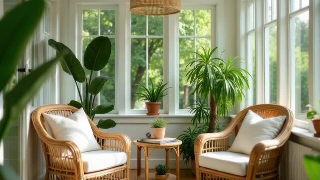Video Cozy sunroom with two wicker chairs and a table, perfect for relaxing or reading