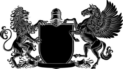 Naklejka premium A heraldry crest lion and Pegasus winged horse family coat of arms heraldic shield emblem design in an old medieval vintage style 