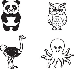 Fototapeta premium Collection of four cartoon animals panda owl ostrich and octopus