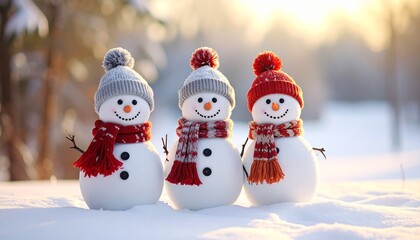 Fototapeta premium Four snowmen with hats and scarves standing in snowy landscape at sunrise with long shadows and festive charm