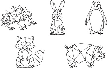 Fototapeta premium Geometric Line Art Animals Hedgehog Rabbit Penguin Raccoon Pig Illustration vector