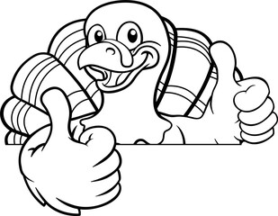 A turkey Thanksgiving cartoon bird Christmas mascot peeking around a sign with copy space