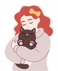 Fototapeta premium This charming illustration portrays a girl delightfully snuggling with her adorable black cat, capturing a warm and loving moment between them, filled with happiness.