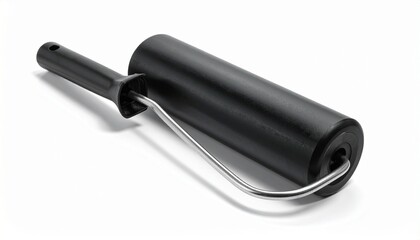 Black paint roller with foam cylinder and curved metal frame on light surface showcasing DIY utility and product clarity