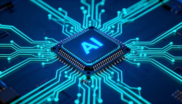 Artificial Intelligence AI Chip Futuristic Circuit Board Glowing Cyan Technology