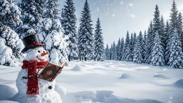 Snowman Caroler Festive Winter Scene with Book  Forest.