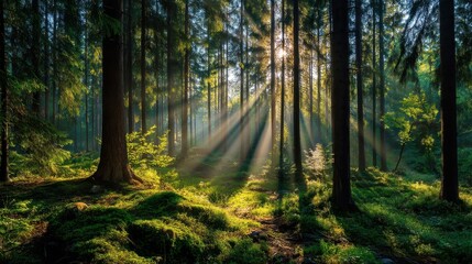 Obraz premium Sunlight streams through the branches of tall trees in a lush forest illuminating the green foliage and creating a peaceful morning scene filled with natural beauty.