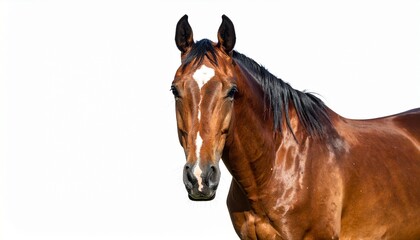 Brown horse with white forehead marking on white background showcasing natural elegance and equestrian clarity