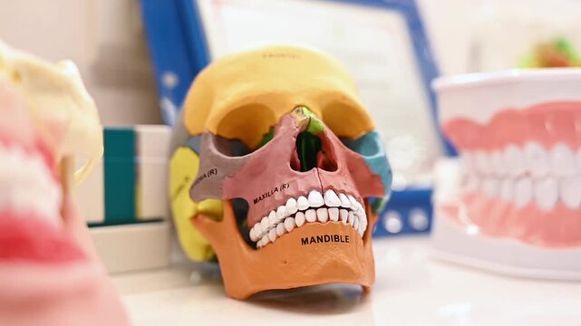 A detailed anatomical skull model showing labeled facial bones and teeth