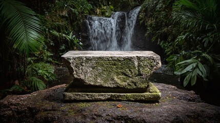 Ancient stone pedestal atop a rock, surrounded by lush jungle foliage and a distant waterfall. Evokes mystery and adventure. Natural showcase in a tropical rainforest.