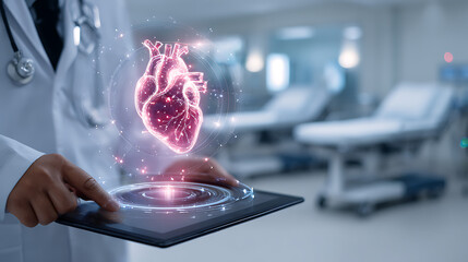 Healthcare Innovations: A medical professional employs cutting-edge technology to visualize and examine a glowing, holographic representation of a human heart, within a sterile hospital environment.