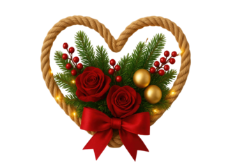 Heart shaped rope wreath with red roses pine branches berries golden ornaments and ribbon lights isolated on white background