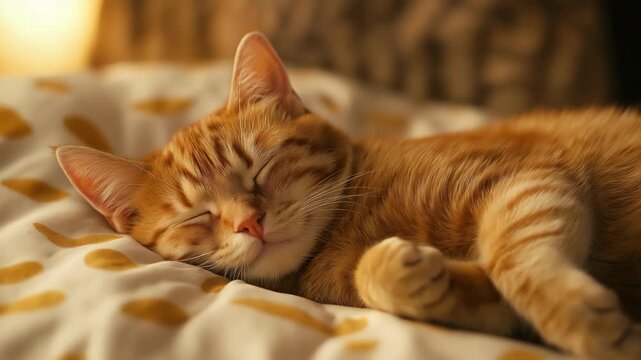 Adorable orange cat sleeping peacefully on a cozy bed, creating a warm, calm, and comforting atmosphere that conveys relaxation, softness, and homey lifestyle vibes.