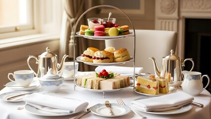 Elegant afternoon tea service set with tiered pastries, scones, and silver teapots in a luxurious setting