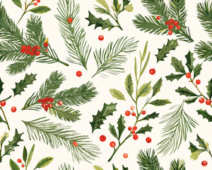 A seamless pattern of watercolor evergreen branches and festive red berries © Sanjay