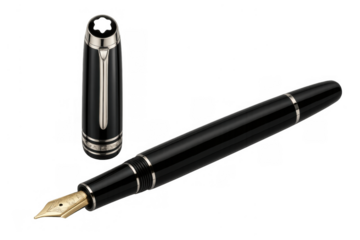 Luxury writing fountain pen displaying elegant design with gold nib and black barrel, removed cap