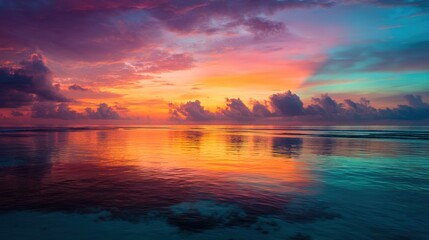 A beautiful sunset over the ocean with a rainbow in the sky. The sky is filled with clouds and the water is calm