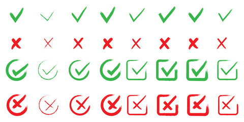 Vector Illustration, Check tick mark icon set. Cross box x check mark checkbox v list vector draw hand drawn sketch doodle brush marker checklist symbol wrong right circle. 