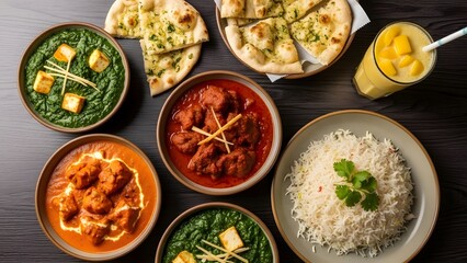 Vibrant spread of authentic Indian cuisine featuring rich curries, fluffy naan bread, basmati rice, and a refreshing mango lassi