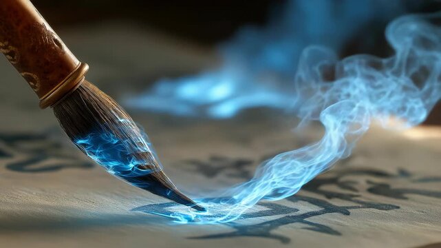 dreamy fantasy mood, blue magic energy flow along the ink paintbrush  with Chinese letter on paper 