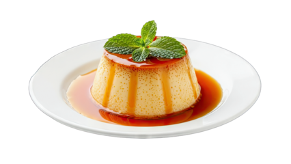 Flan Dessert with Caramel Sauce and Mint on Plate