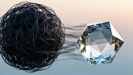 Black tight ball transforming into a clear crystal representing mental health recovery and clarity concept