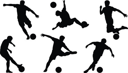 Soccer Football Player Silhouettes Vector Set, Kicking and Jumping Action Poses Collection