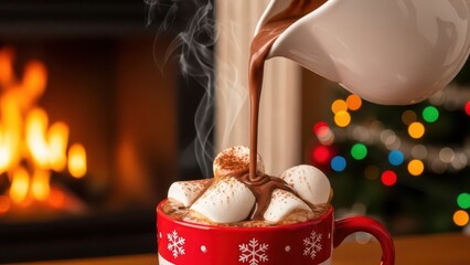 Warm Hot Chocolate with Marshmallows by a Cozy Fire