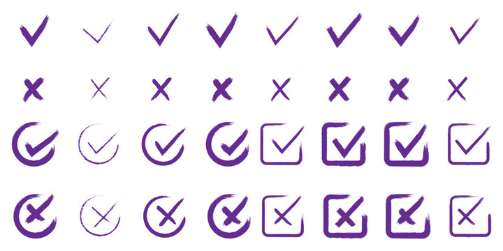 Check tick mark icon set. Cross box x check mark checkbox v list vector draw hand drawn sketch doodle brush marker checklist symbol wrong right circle. Vector Illustration 