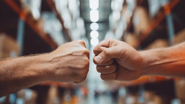 Close-up shot of two people in a warehouse doing a fist bump. They could be workers, colleagues, partners, or friends celebrating a job well done after completing a task.