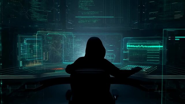 Flickering terminals display holographic streaming code scenes