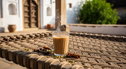 Enjoy a cup of chai with spices outside traditional home, evoking a sense of peace and timeless cultural charm on a sunny day