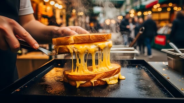 Vendor expertly flips perfectly grilled cheese sandwich oozing decadent melted cheddar on a busy street food stall