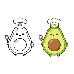 Cute Cartoon Avocado Chef Holding Whisk Line Art and Color Illustration for Kids Coloring Book and Cooking Theme