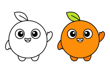 Cute Cartoon Orange Fruit Waving Hand Line Art and Color Illustration for Kids Coloring Book and Healthy Food Concept