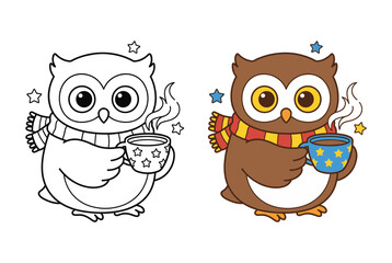 Cute Cartoon Owl Drinking Hot Chocolate in Scarf Line Art and Color Illustration for Kids Coloring Book and Winter Season
